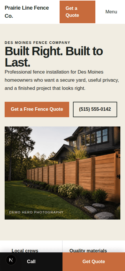 Fence contractor website mobile preview